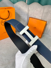 HM CONSTANCE BELT BUCKLE & REVERSIBLE NAVY BLUE LEATHER STRAP 38MM SILVER HARDWARE