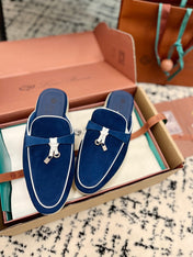 Loro Piana Dark Blue White Suede Charms Walk Flat Mules