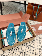 Loro Piana Ocean Blue White Suede Charms Walk Flat Mules