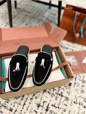 Loro Piana Black White Suede Charms Walk Flat Mules