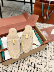 Loro Piana Beige Yellow Suede Charms Walk Flat Mules