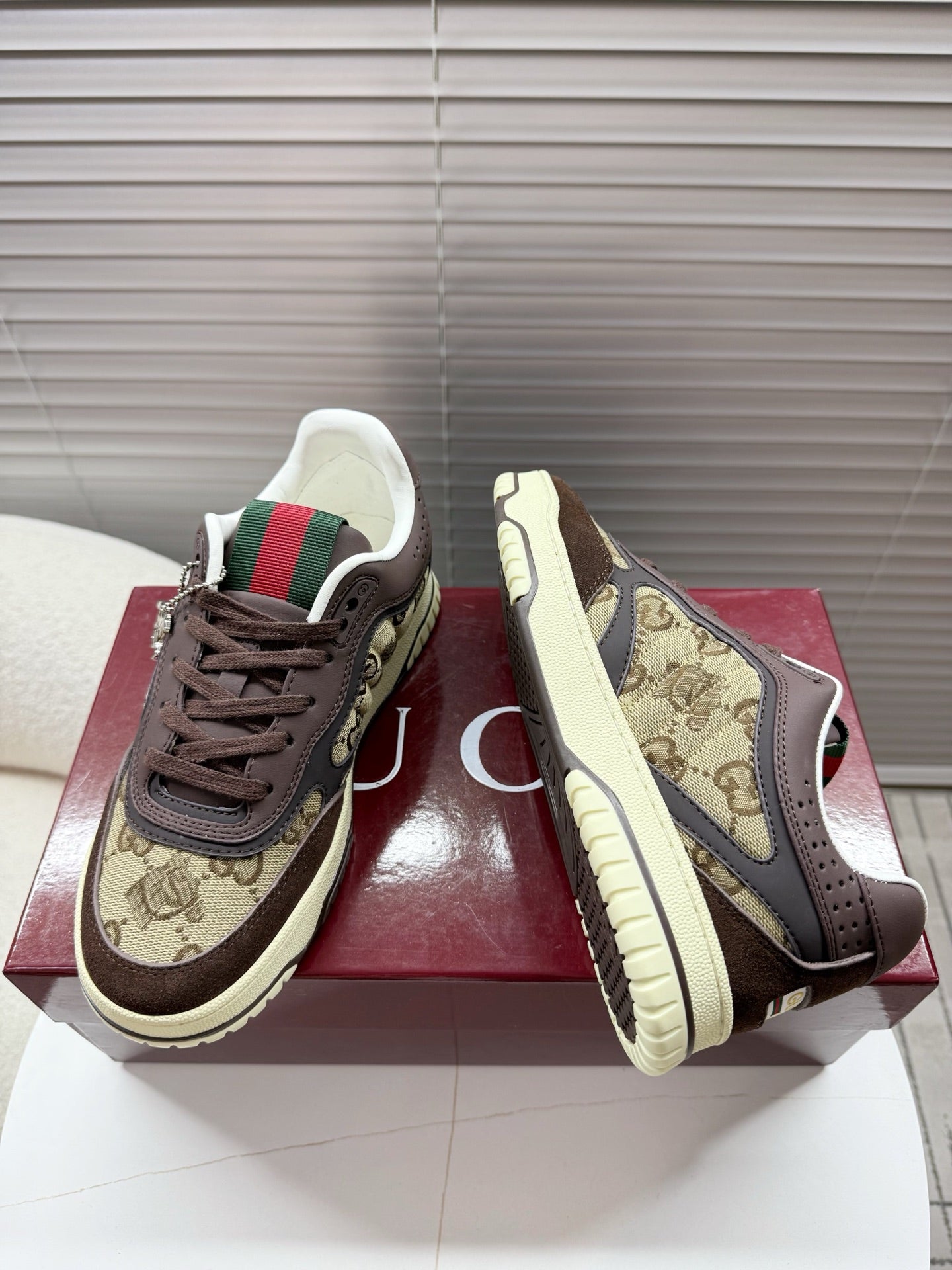 GUCCI 26S MAC80 SNEAKER IN BEIGE CANVAS AND DARK BROWN LEATHER