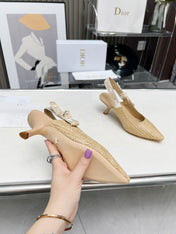 J'ADIOR SLINGBACK PUMP NATURAL RAFFIA AND BEIGE EMBROIDERED COTTON 65 MM
