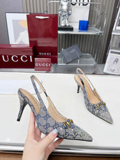 HORSEBIT SLINGBACKS IN DOVE GRAY MONOGRAM FABRIC WITH CRYSTALS