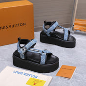 LV 26S CHAMELEON PLATFORM SANDALS 60MM IN BLUE MONOGRAM DENIM AND EVA