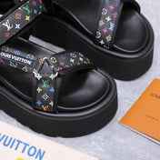 LV 26S CHAMELEON PLATFORM SANDALS 60MM IN BLACK MULTICOLOR MONOGRAM CALFSKIN AND EVA