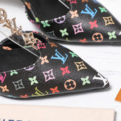 LV 26S ELEGANT T-STRAP HEELS 65MM IN BLACK MULTICOLOR MONOGRAM CALFSKIN GOLD HARDWARE