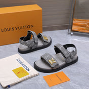 LV 26S SANDALS IN GREY MONOGRAM COATED DENIM GOLD HARDWARE