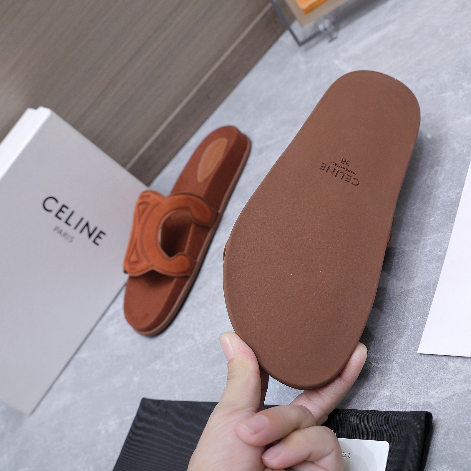 CELINE 26S TRIOMPHE SLIDES IN COGNAC BROWN SUEDE