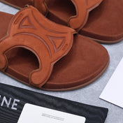 CELINE 26S TRIOMPHE SLIDES IN COGNAC BROWN SUEDE