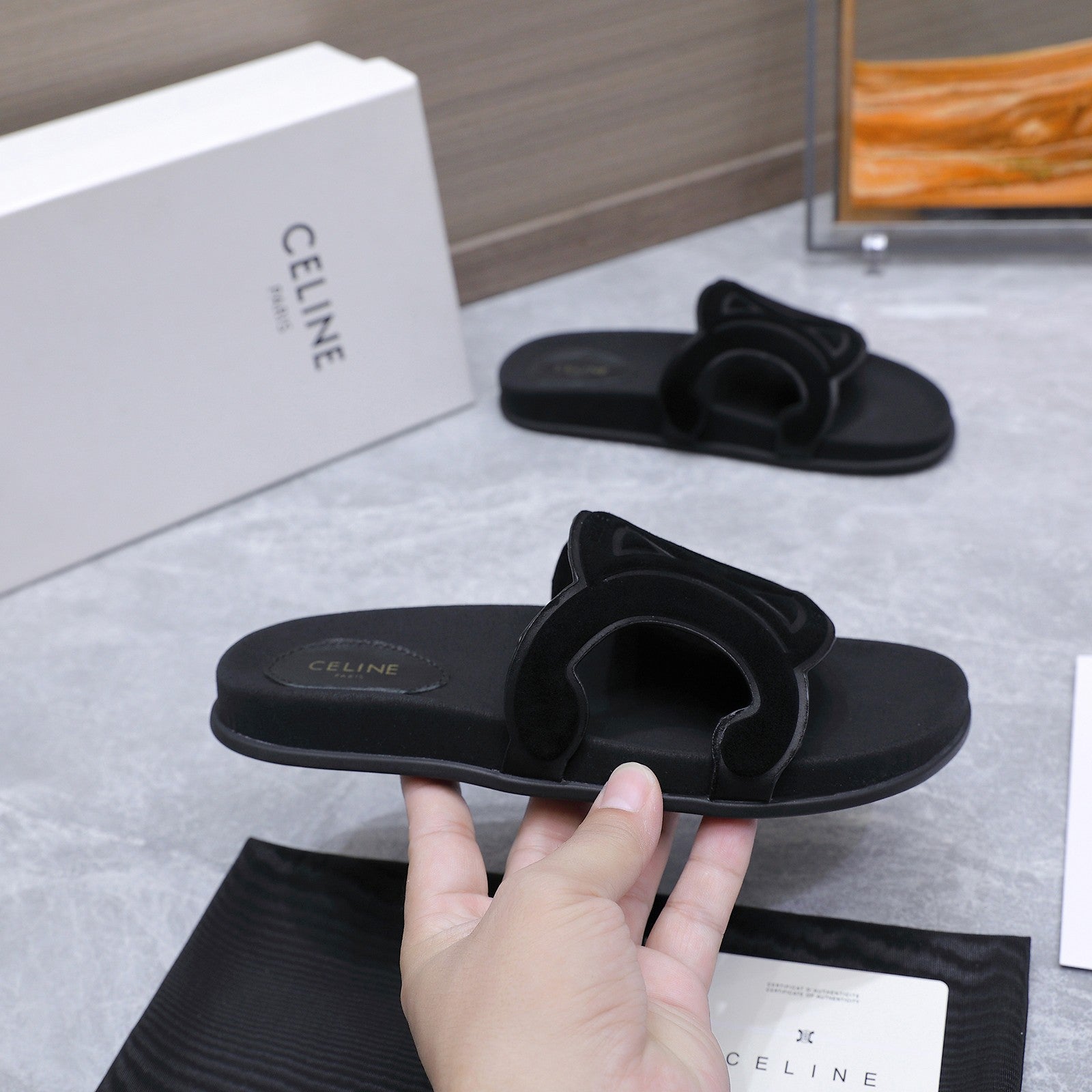 CELINE 26S TRIOMPHE SLIDES IN BLACK SUEDE