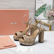 MIUMIU 26S PLATFORM ANKLE STRAP SANDALS 120MM IN BROWN CANVAS CRYSTAL-EMBELLISHED
