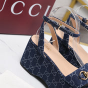 GUCCI 26S WEDGE SANDALS 80 MM IN BLUE GG DENIM GOLD HARDWARE