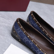 GUCCI 26S SAVOY BALLERINA FLATS IN DARK BLUE CANVAS AND CALFSKIN WITH STUDDED TRIM