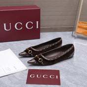 GUCCI 26S SAVOY BALLERINA FLATS IN DARK BROWN VELVET AND CALFSKIN WITH STUDDED TRIM