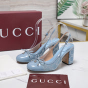 GUCCI 26S HEEL SLINGBACK PUMP 80 MM IN LIGHT BLUE CALFSKIN AND CANVAS