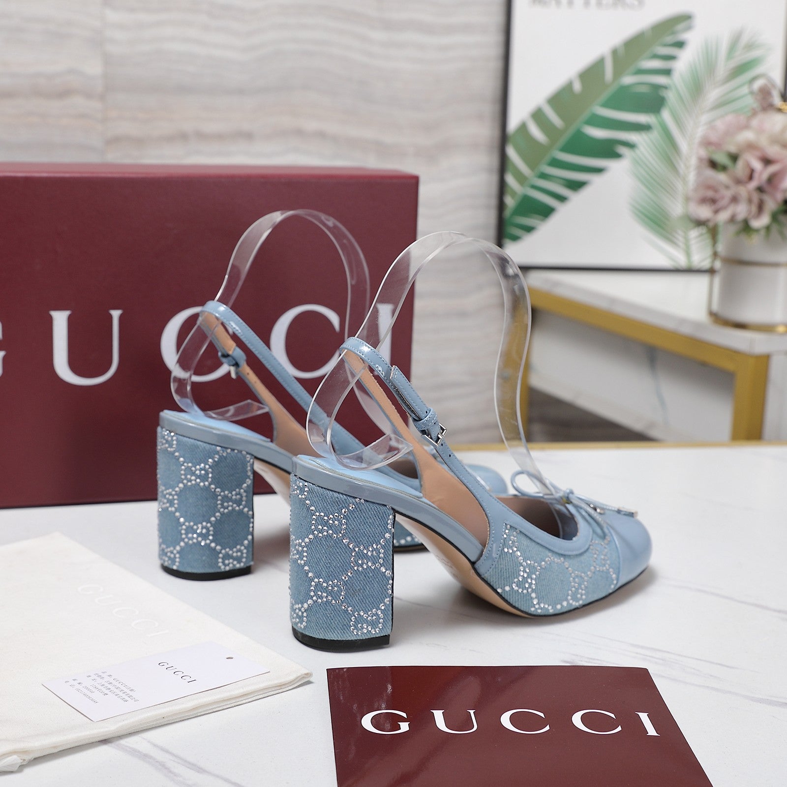 GUCCI 26S HEEL SLINGBACK PUMP 80 MM IN LIGHT BLUE CALFSKIN AND CANVAS