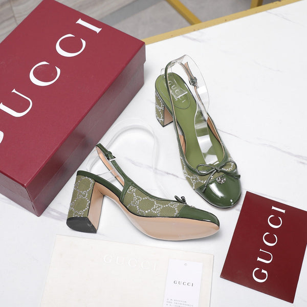 GUCCI 26S HEEL SLINGBACK PUMP 80 MM IN OLIVE GREEN CALFSKIN AND CANVAS