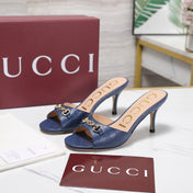 GUCCI 26S HORSEBIT SANDALS 75 MM IN NAVY BLUE GG EMBOSSED LEATHER