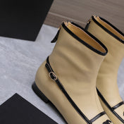CHANEL 26S ANKLE BOOTS IN BEIGE CALFSKIN WITH BLACK PATENT LEATHER TRIM AND CC LOGO ON TOE CAP