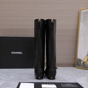 CHANEL 26S KNEE HIGH BOOTS IN BLACK CALFSKIN WITH PATENT LEATHER TRIM AND CC LOGO ON TOE CAP