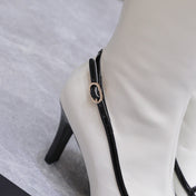 CHANEL 26S KNEE HIGH BOOTS 80 MM IN WHITE CALFSKIN WITH BLACK PATENT LEATHER TRIM AND CC LOGO ON TOE CAP