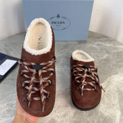 PRADA 26S WOVEN MULES IN DARK BROWN SUEDE
