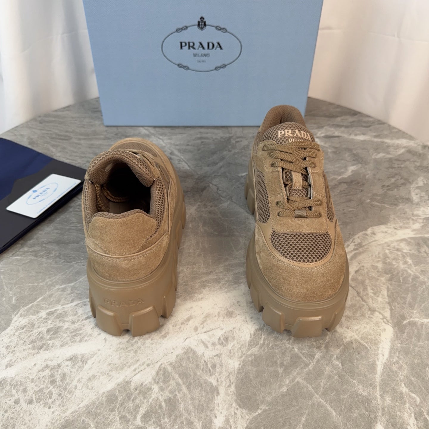 PRADA 26S GEAR SOLE SNEAKERS IN KHAKI BROWN SUEDE AND MESH