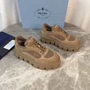 PRADA 26S GEAR SOLE SNEAKERS IN KHAKI BROWN SUEDE AND MESH