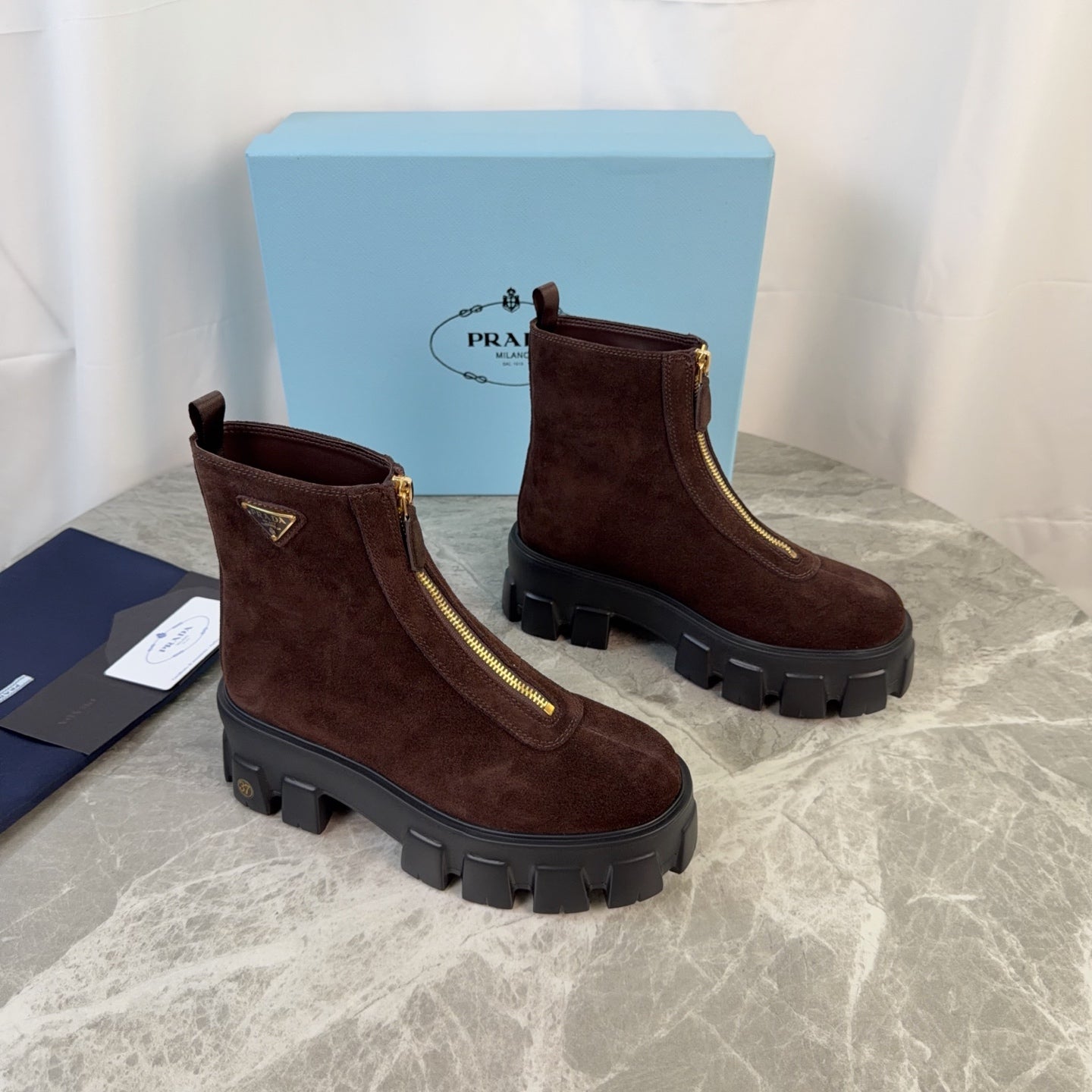PRADA 26S ZIP-UP ANKLE BOOTS IN CHOCOLATE BROWN SUEDE