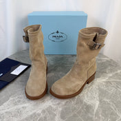 PRADA 26S ANKLE BIKER BOOTS IN BEIGE SUEDE