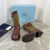 PRADA 26S BOOTS IN KHAKI CANVAS AND REDDISH BROWN CALFSKIN