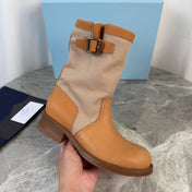 PRADA 26S BOOTS IN BEIGE CANVAS AND CAMEL CALFSKIN