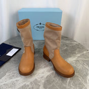 PRADA 26S BOOTS IN BEIGE CANVAS AND CAMEL CALFSKIN