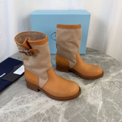 PRADA 26S BOOTS IN BEIGE CANVAS AND CAMEL CALFSKIN