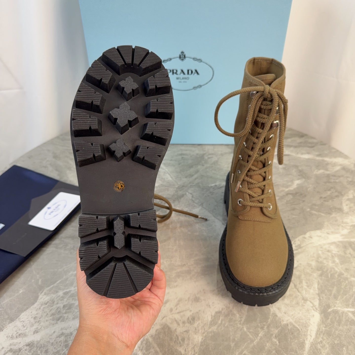 PRADA 26S LACE-UP COMBAT BOOTS IN BROWN CANVAS