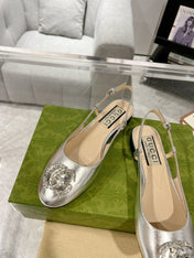 METALIC SLINGBACK FLATS IN SILVER CALFSKIN