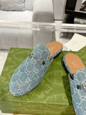 MEN'S MULE WITH HORSEBIT IN SAPHIRE BLUE MONOGRAM JACQUARD FABRIC