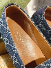 MEN'S LOAFER WITH HORSEBIT IN DENIM BLUE MONOGRAM JACQUARD FABRIC