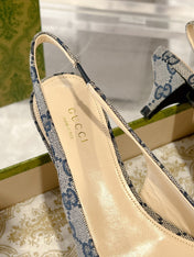 GG MID-HEELED SLINGBACK 4.5 CM IN PALE GRAY CANVAS