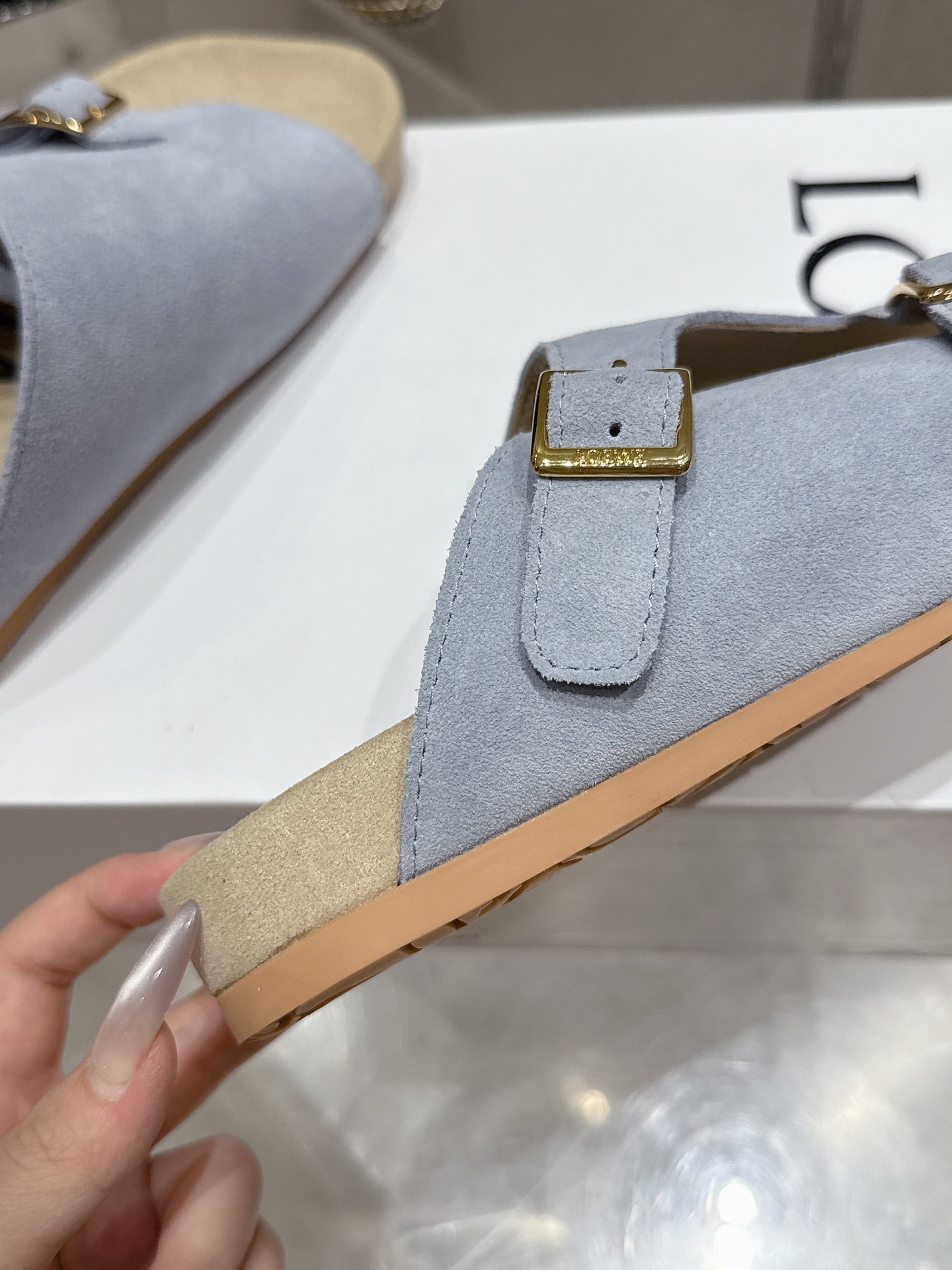 LOEWE 26S EASE SLIDE IN PASTEL BLUE SUEDE