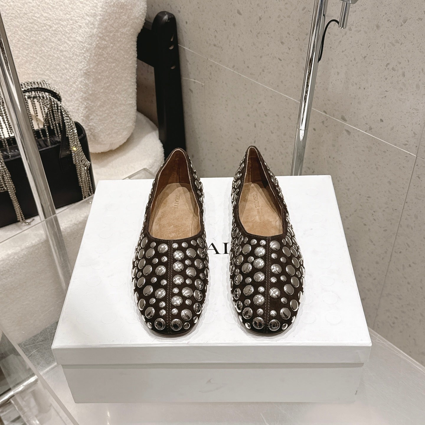 CELINE 26S FLAT SHOES IN DARK BROWN SUEDE WITH METAL STUDS