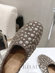 CELINE 26S FLAT SHOES IN TOFFEE BROWN SUEDE WITH METAL STUDS