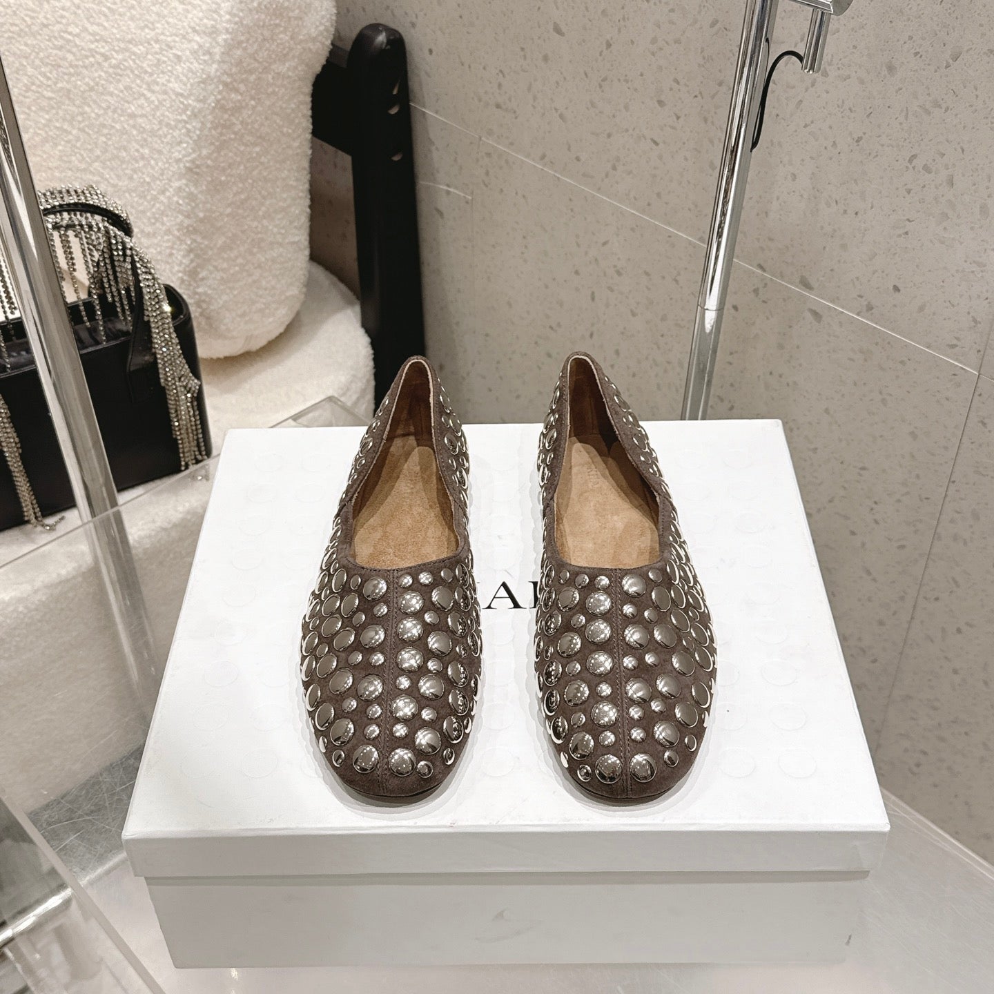 CELINE 26S FLAT SHOES IN TOFFEE BROWN SUEDE WITH METAL STUDS
