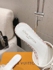 LV 26S FLAT MULE SANDALS IN WHITE PINK MONOGRAM CANVAS WITH CALFSKIN BOW