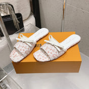 LV 26S FLAT MULE SANDALS IN WHITE PINK MONOGRAM CANVAS WITH CALFSKIN BOW