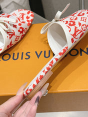 LV 26S FLAT MULE SANDALS IN WHITE RED MONOGRAM CANVAS WITH CALFSKIN BOW