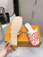 LV 26S FLAT MULE SANDALS IN WHITE RED MONOGRAM CANVAS WITH CALFSKIN BOW