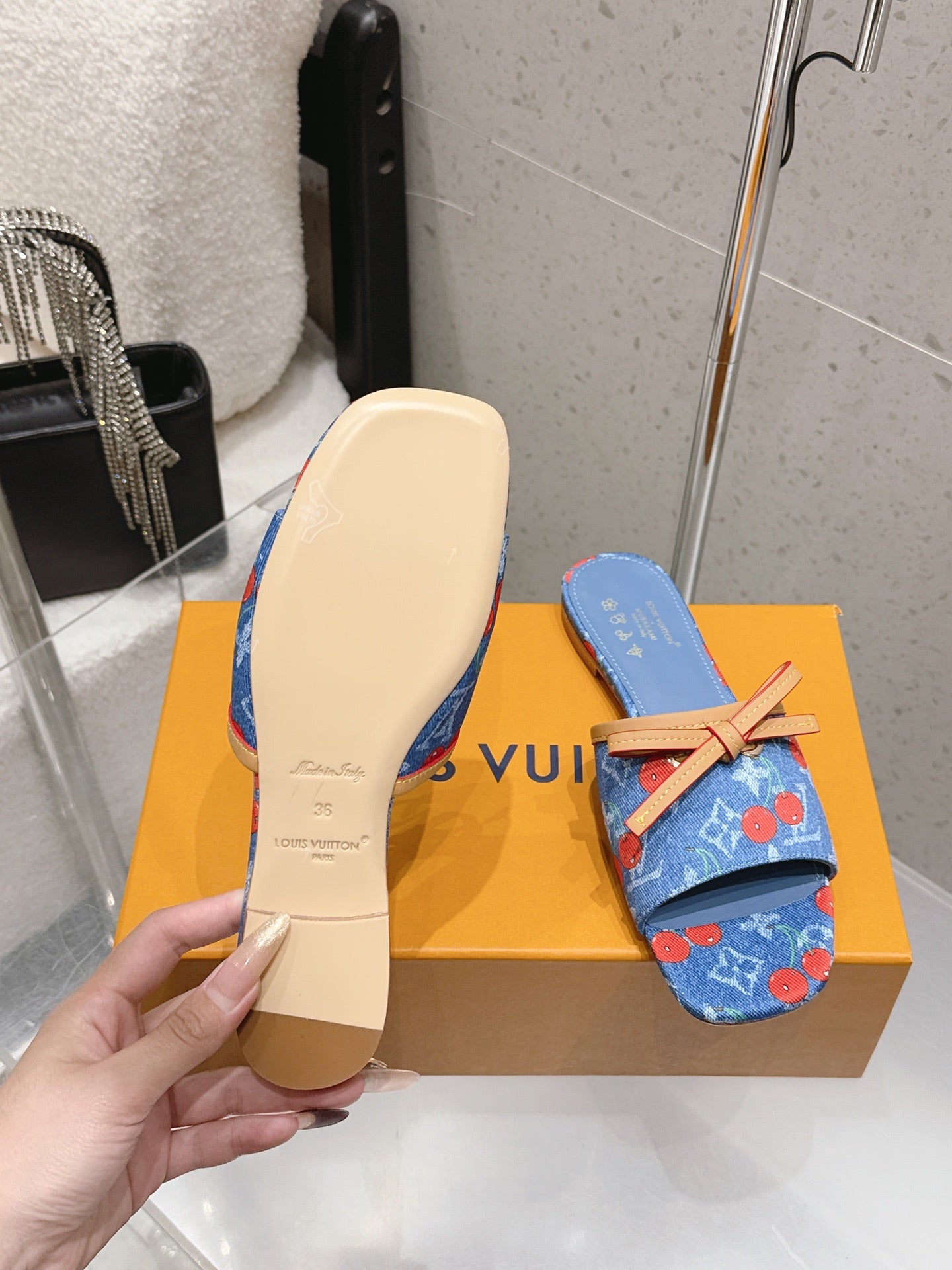 LV 26S FLAT MULE SANDALS IN BLUE MONOGRAM DENIM WITH CHERRY PRINT