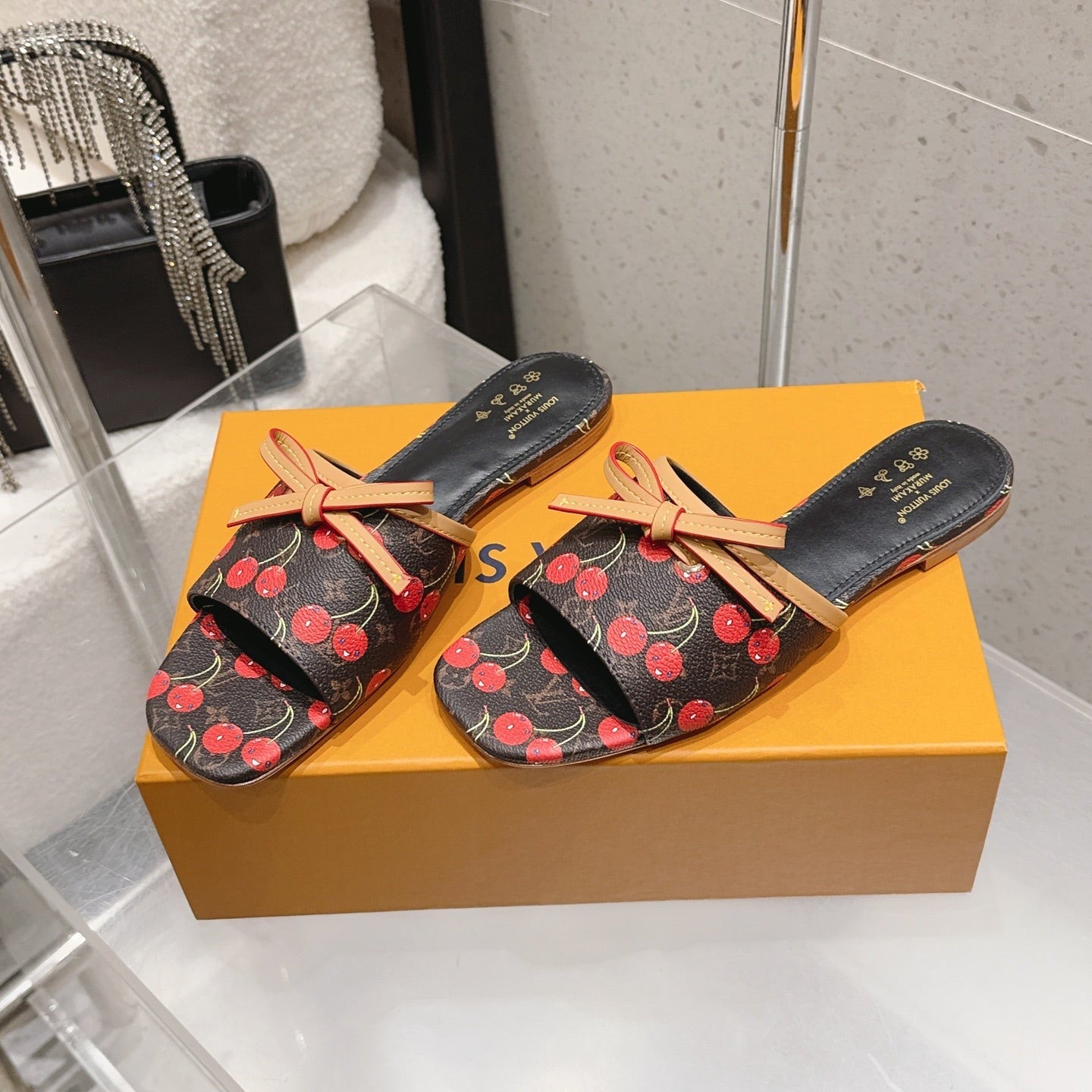 LV 26S FLAT MULE SANDALS IN BLACK MONOGRAM CANVAS WITH CHERRY PRINT